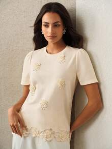 Anewsta Top de mujer casual de lujo y moda con bordado y cuentas, cuello redondo, estilo primavera/verano - Beis - Ver 2