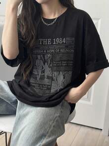 DAZY Women's Character Slogan Printed Drop Shoulder Loose T-Shirt Graphic Tee Oversized T-Shirt - Black - View 10