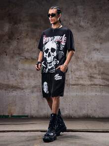 Skyrend Pantalones cortos estampados para hombres con efecto desgastado, con retratos de Franklin y patrones con temática de dinero, adecuados para el estilo casual de calle en verano - Negro - Ver 4