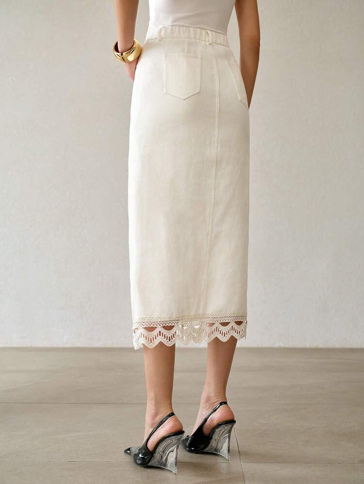 WOMEN'S SPRING/SUMMER PURE COTTON STRAIGHT LACE TRIM PATCHWORK SKIRT