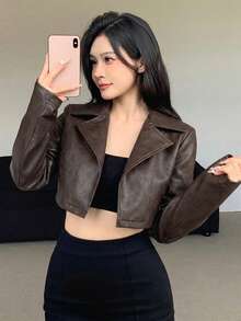 Joudiya 春秋棕色寬鬆休閒時尚街頭短款PU皮革夾克輕量戶外長袖女款外套 - 棕色 - 查看 2