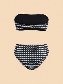 Travachic Women Floral Print Bandeau Bikini Set,Summer Outfits For Women,Swimsuits For Woman,Bathing Suits For Women - Black and White - View 2