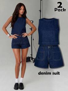 Avantive Women's Denim Set: Sleeveless Loose Top And Denim Shorts Set, Dark Blue Denim Two-Piece Set, Summer Casual Set. - Dark Wash - View 3
