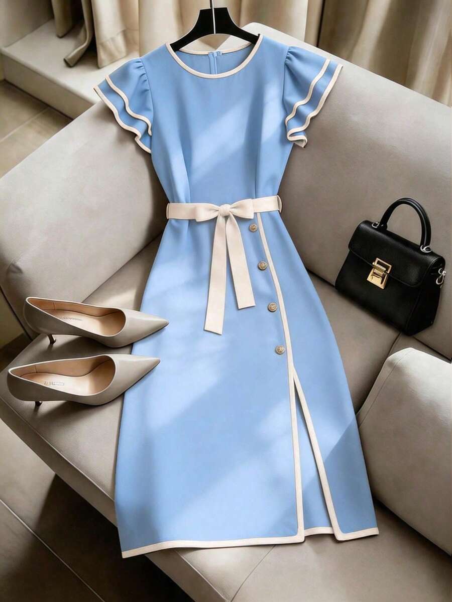 Franclia New Stylish Elegant Colorblock Split Hem Dress - Sky Blue - View 1