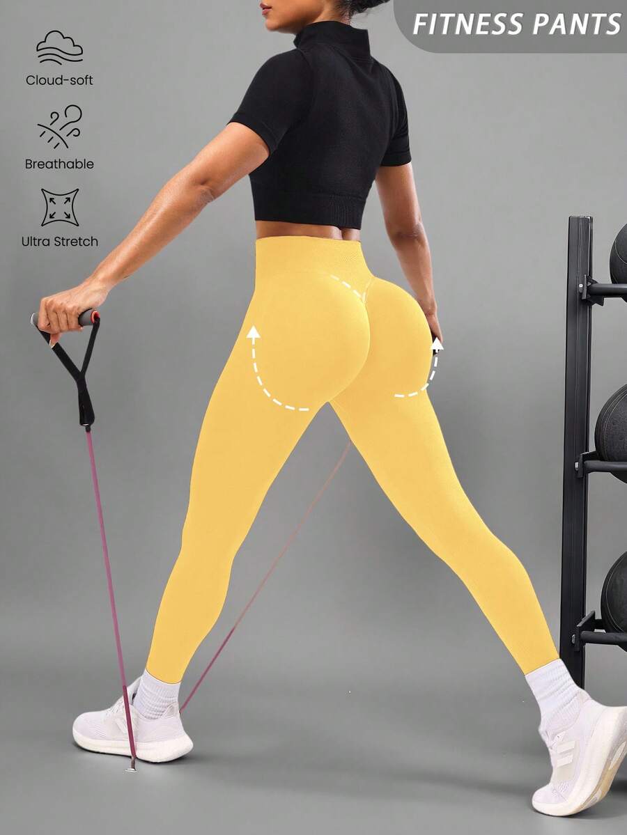 SHEIN 素色無縫瑜珈內搭褲,高腰健身跑步運動褲,女款運動裝寬腰帶 - 黃色 - 查看 1