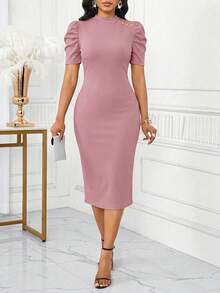 SHEIN Lady Women's Elegant Mature Elegant Button Puff Sleeve Fitted Dress For Evening Office Tea Party Party Pink Summer Teachers' Day Dusty Pink Summer - Dusty Pink - View 3