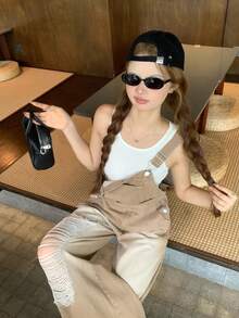 DAZY 女款時尚百搭口袋水洗破洞牛仔吊帶褲可愛上衣 - 咖啡棕 - 查看 7