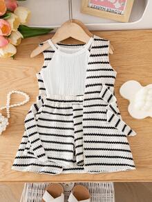 SHEIN 3pcs/Set Baby Girl Summer New Knit Textured Camisole Crop Top, Hollow Knit Fabric Long Sleeveless Cardigan With Waist Belt, Casual Loose White Minimalist Sporty Versatile Vacation Streetwear - Black and White - View 1