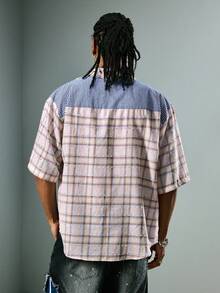 ROMWE MEN Street Life Men's Patchwork Plaid Short Sleeve Pocket Design Casual Loose Fit Shirt - Multicolor - View 3