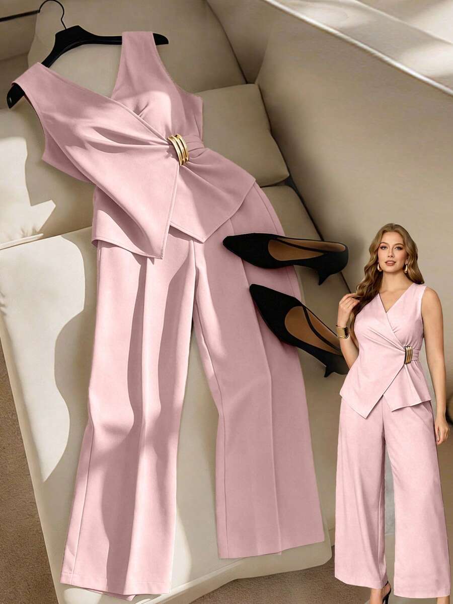 Franclia Plus Size Women's Elegant Solid Color Lace-Up Tank Top And Loose Pants 2-Piece Set - Pink - View 1