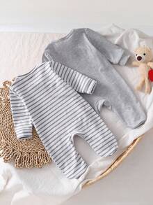 SHEIN 2件裝新生兒素色條紋居家連身衣 - 彩色 - 查看 2