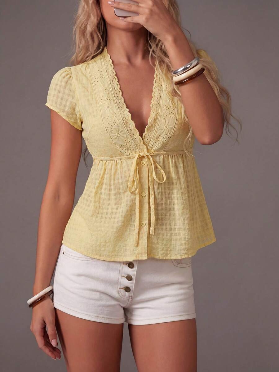 TRNVIE Women's Plaid Lace Patchwork Tie-Up Button Shirt Vacation Light Yellow Summer Cute Brunch Boho - Pale Yellow - View 1
