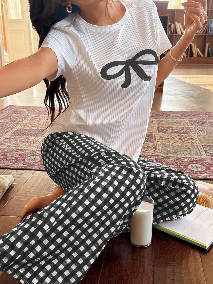 Napfluff Cute Bow Embroidery Top & Plaid Pants Women's Pajama Set - Black - View 1