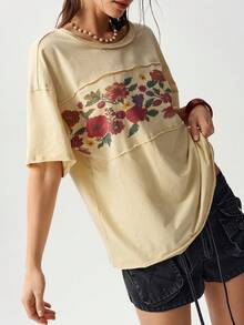 Bohemela Plus Size Women's Floral Print Vacation Short Sleeve Casual Boho T-Shirt Beach Vacation Beige Summer - Yellow - View 5