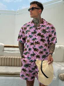 DAZY 男士椰子樹印花短袖襯衫與短褲休閒度假海灘套裝 夏季 - 彩色 - 查看 3