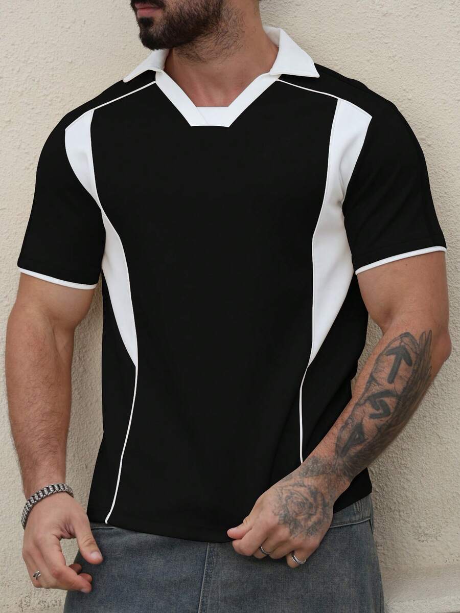 Manfinity Homme 男士夏季休閒雙色拼接 Polo 短袖襯衫 - 黑色 - 查看 1