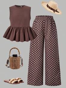 2pcs/Set Tween Girls Sleeveless Top With Ruffle Back & Printed Bow Long Pants Summer Set, Casual Versatile For Vacation, Outings, Shopping, Commuting - Brown - View 3