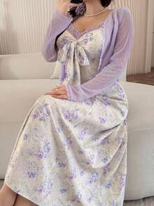 Feyla Set 2 Potong Atasan Lengan Panjang Warna Polos Ukuran Besar & Gaun Camisole Motif Bunga - MultiWarna - View 5