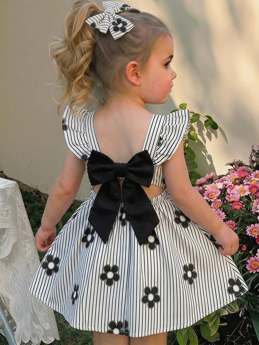 SHEIN LMoss Kids 女婴条纹碎花方领荷叶边下摆休闲连衣裙 - 黑與白 - 查看 1