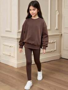 1 Set Fashionable Casual Loose Dropped Shoulder Hoodie And Skinny Leggings Outfit For Tween Girls Dark Color, Stylish Fall/Winter Clothing - Coffee Brown - View 1