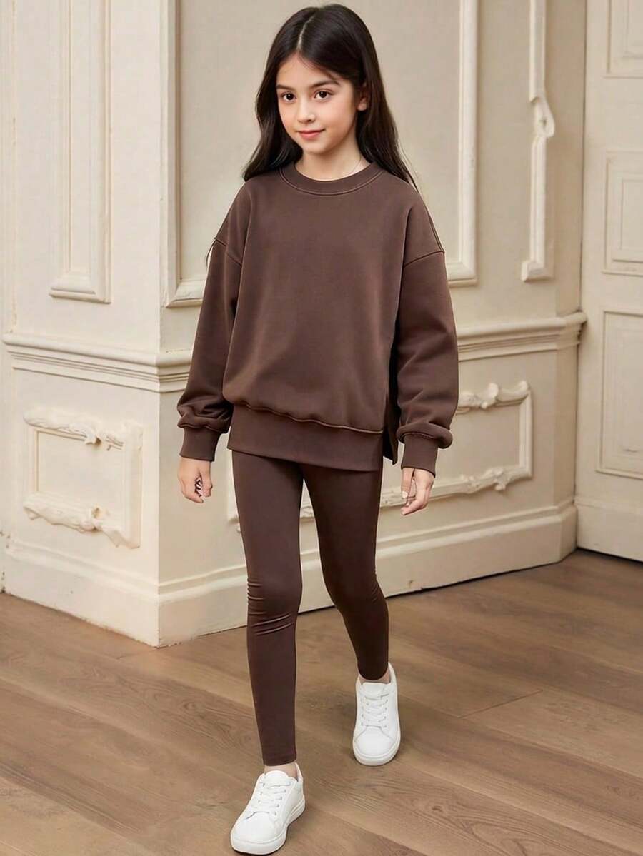 1 Set Fashionable Casual Loose Dropped Shoulder Hoodie And Skinny Leggings Outfit For Tween Girls Dark Color, Stylish Fall/Winter Clothing - Coffee Brown - View 1
