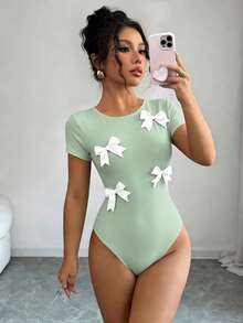 Elenzga Women's Summer Round Neck Short Sleeve Bow Decor Bodysuit - Mint Green - View 2