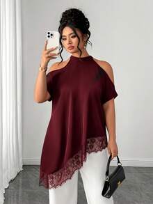 Elenzga Plus Size Summer Fashion Casual Vacation French Vintage Elegant Commuter Lace Patchwork Off-Shoulder Blouse - Burgundy - View 5