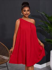 Slaydiva Vestido de pierna ancha de un solo hombro sin mangas de unicolor para mujer de talla grande - Rojo - Ver 5