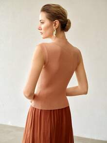 MOTF PREMIUM SPRING/SUMMER WOMEN'S ELEGANT COMMUTER BROWN KNIT VEST TOP - Brown - View 3
