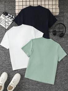SHEIN 3件裝青少年男孩半袖T恤，飾有裝飾性木製鈕扣與紋理面料，藍色、綠色、白色，適合夏季休閒出遊、運動、度假、上學，百搭百用 - 彩色 - 查看 3
