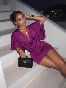 Slaydiva Fuchsia Cowl Neck Bell Sleeve Bodycon Mini Dress Draped Satin Look Party Club Vacation Dress For -A - Purple - View 7