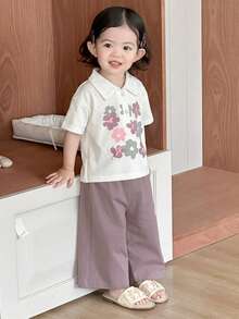 Dazy Kids 女嬰翻領清新甜美印花短袖休閒居家服 夏季 - 淡紫色 - 查看 4