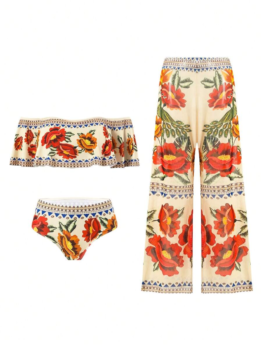 Swim Oasis Set Bikini Wanita Seksi Model Bandeau Tanpa Bahu dengan Tali Bahu yang Dapat Dilepas, Motif Bunga dan Hiasan Ruffle, untuk Liburan Pantai Musim Semi/Panas, Perjalanan dan Gaya Jalanan + Celana Pantai Jala Motif Bunga yang Serasi - MultiWarna - View 1