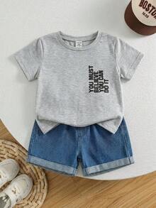 SHEIN 男女嬰兒 2件組 春夏休閒短袖T恤與短褲套裝，牛仔短褲，嬰兒套裝，街頭風，牛仔 - 灰色 - 查看 7