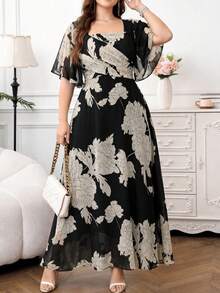 Reflora Plus Size Floral Print Square Neck Ruffle Sleeve Dress,Birthday Outfit For Women,Prom Dress,Elegant Long Party Dress,Graduation Outfit For Mother - Multicolor - View 2