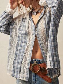 Bohemela Spring/Summer|Women's Casual Woven Vintage Plaid Lace Patchwork Shirt|Daily/Beach/Vacation/Festival/Party|Western|4th Of July|Country Concert|Juneteen - Blue - View 5