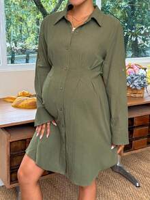 SHEIN Green Long-Sleeved Shirt Dress For Pregnant Women Single-Breasted Pleated Casual Business Teachers' Day Autumn Fall Maternity Photoshoot - Army Green - View 8