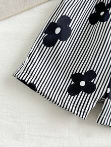 SHEIN Playful Pals 2件組女嬰幼兒/新生兒0-3歲春夏季休閒日常趣味臘腸狗印花圓領T恤上衣+粉色條紋短褲套裝 - 黑與白 - 查看 4