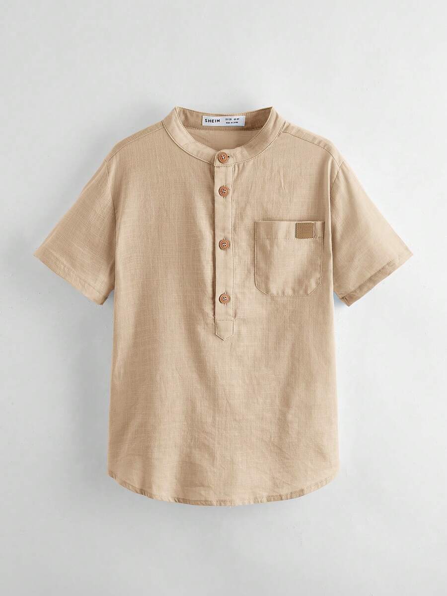 SHEIN 男童梭织短袖圆领半开襟衬衫 - 駝色 - 查看 1