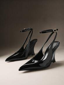 Hauture Women's Fashionable Sexy Pointy Toe Ankle Strap Wedge Pumps - Black - View 2