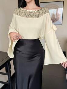 DAZY Autumn White Sequin Blouse Women Niche Design High-End Elegant Modest Beaded Mesh Patchwork Cape Top Birthday Mother Of The Bride Wedding - Apricot - View 8