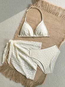 SHEIN Teen Girls Summer Beach Vacation Solid Color Jacquard Bikini Set - Apricot - View 3
