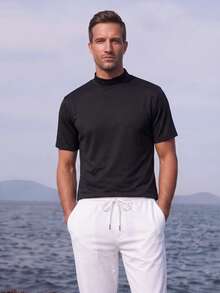 Officeau Men's Casual Versatile Solid Color Half-Turtleneck Short Sleeve T-Shirt, Suitable For Daily Commute, Spring/Summer - Black - View 6
