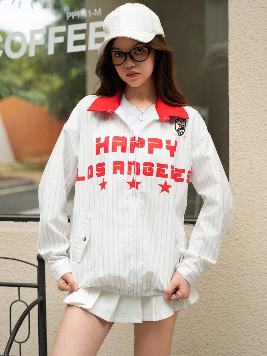 SHEIN Explorewe Teen Girls' Casual Collegiate Striped Letter Graphic Colorblock Jacket - Multicolor - View 1