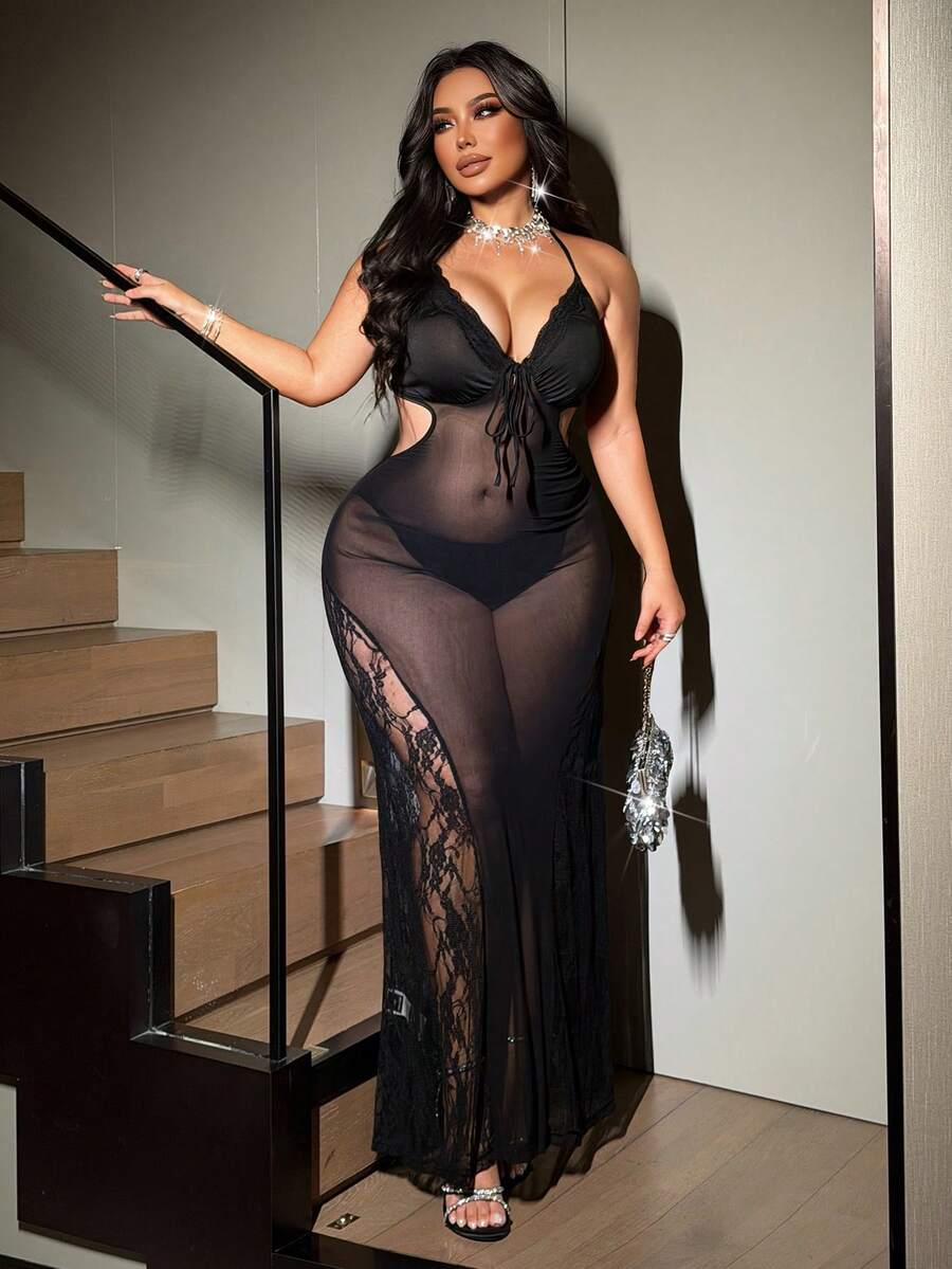 NU&NOW Plus Size Women's Black Halter Neck Lace Patchwork Mesh Sheer Waist Cut Out Fitted Dress, Spring Summer Mature Party Outfit - Black - View 1
