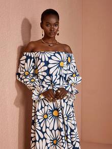 JIAN LASALA All-Over Floral Print Off-Shoulder Lantern Sleeves Women Ruffled Maxi Dress Holiday Vacation Navy Blue Floral Summer Boho - Multicolor - View 7