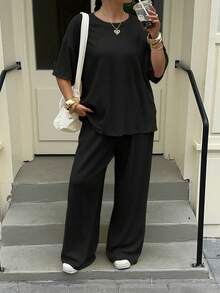 Muchica Plus Size Solid Color Round Neck Dropped Shoulder T-Shirt And Semi-Transparent Long Pants 2pcs Set - Black - View 5