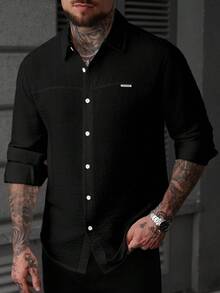 Manfinity CasualCool Men's Solid Color Long Sleeve Textured Structure Shirt, Formal - Black - View 4