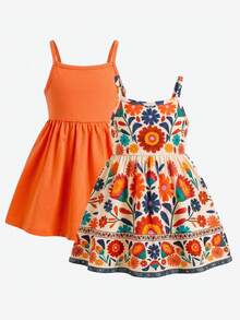 SHEIN Bộ 2 món váy hai dây dệt họa tiết hoa phong cách thường ngày cho bé gái đi du lịch mùa hè - trái cam - Xem 2