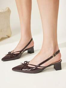CUCCOO CHICEST Dark Brown Pointed Bow Slingback Thick Heel Sandals, Workplace Commuting Temperament Shoes - Three knives dark brown - View 4